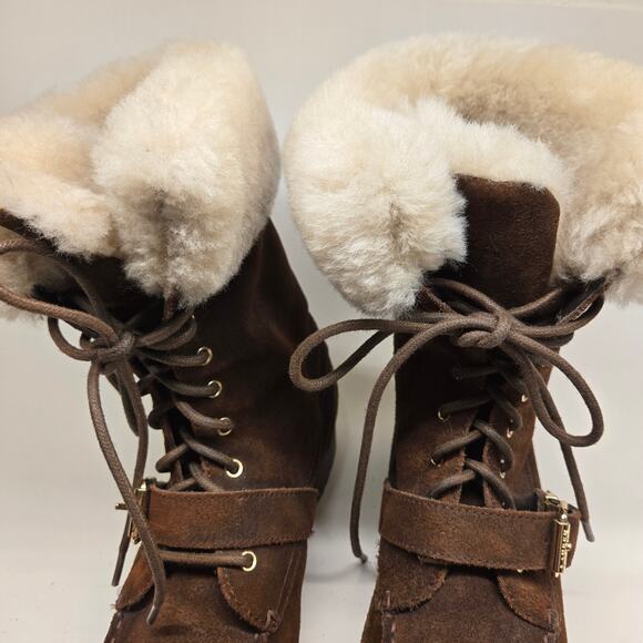 Lauren Ralph Lauren ZABBY Brown Suede Shearling Lace-Up Lug Sole Boots, Sz 8 - Picture 8 of 14